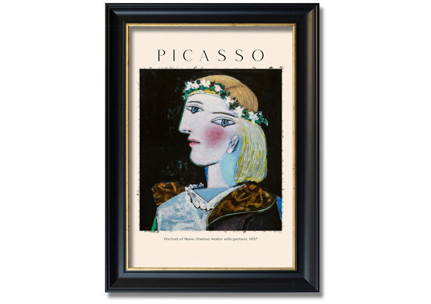 A vibrant canvas print of Picasso's Portrait Of Marie-Thérèse Walter, featuring a woman with a garland, mounted on a box frame.